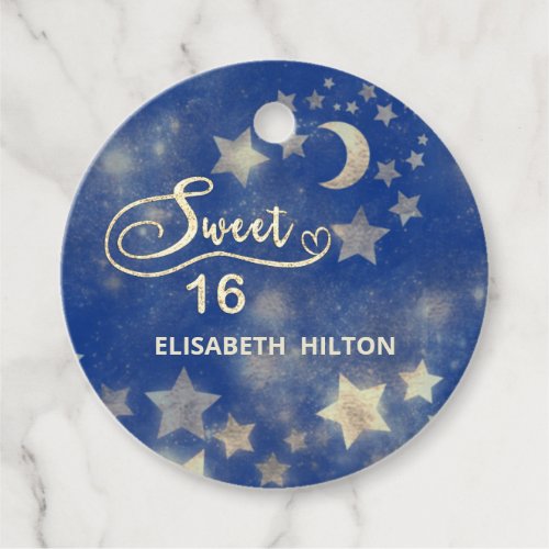 Celestial moon and stars calligraphy sweet sixteen favor tags
