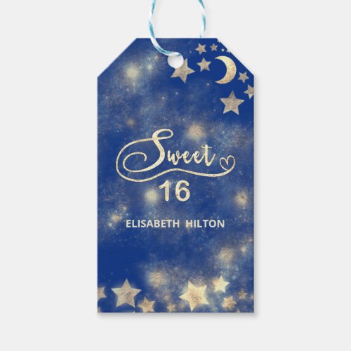 Celestial moon and stars calligraphy sweet sixteen gift tags