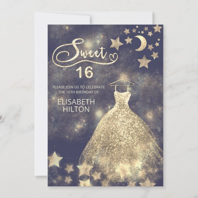 Celestial moon and stars calligraphy sweet sixteen invitation (Front)