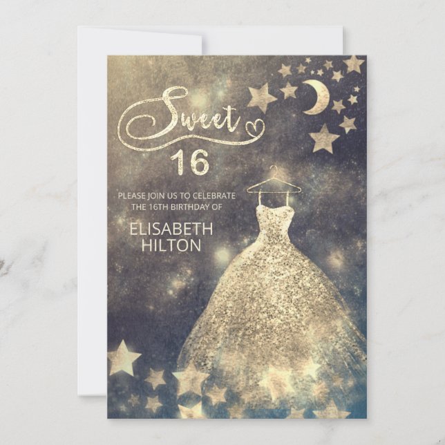 Celestial moon and stars calligraphy sweet sixteen invitation (Front)