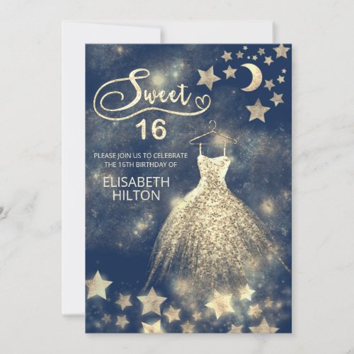 Celestial moon and stars calligraphy sweet sixteen invitation