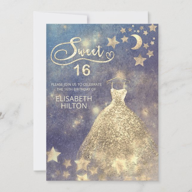 Celestial moon and stars calligraphy sweet sixteen invitation (Front)