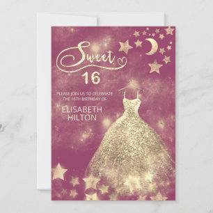 Celestial moon and stars calligraphy sweet sixteen invitation