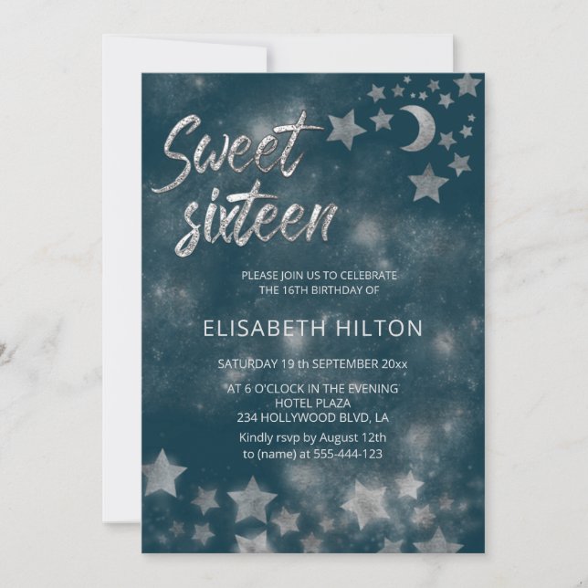 Celestial moon and stars calligraphy sweet sixteen invitation (Front)