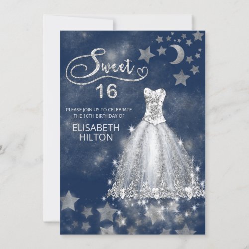 Celestial moon and stars calligraphy sweet sixteen invitation