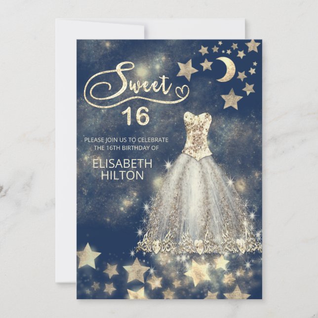 Celestial moon and stars calligraphy sweet sixteen invitation (Front)
