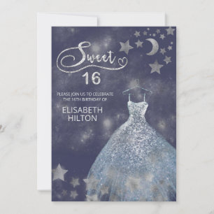 Celestial moon and stars calligraphy sweet sixteen invitation