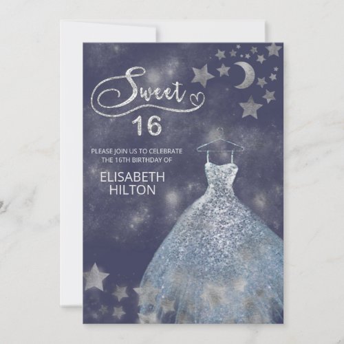 Celestial moon and stars calligraphy sweet sixteen invitation