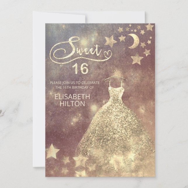 Celestial moon and stars calligraphy sweet sixteen invitation (Front)