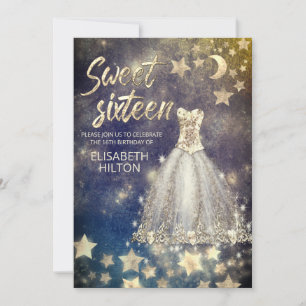 Celestial moon and stars calligraphy sweet sixteen invitation