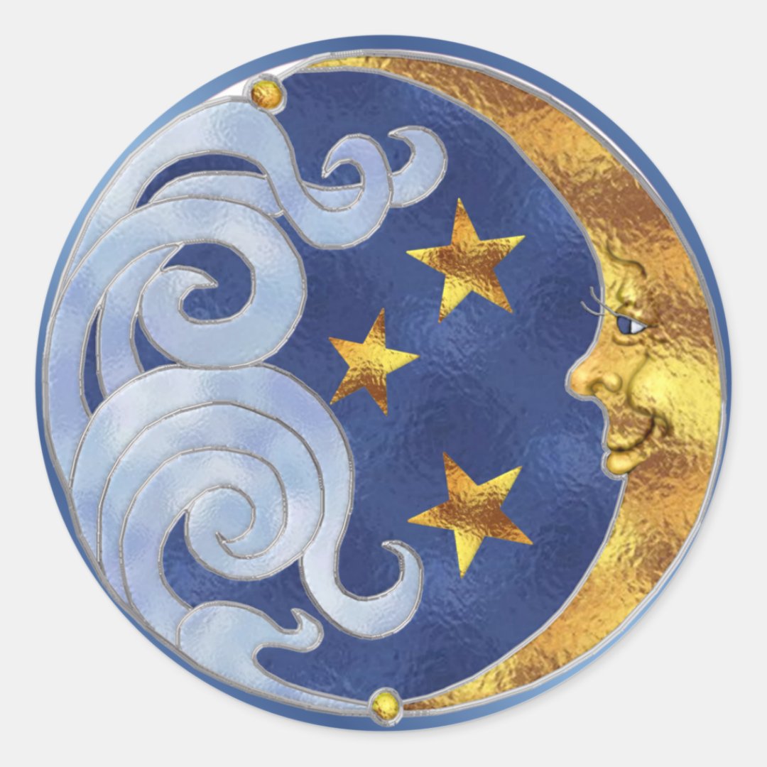 Celestial Moon and Stars Classic Round Sticker Zazzle