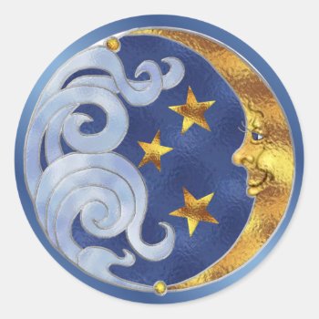 Celestial Moon And Stars Classic Round Sticker by Spice at Zazzle