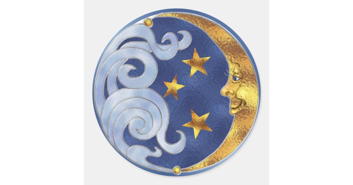 celestial moon and stars classic round sticker zazzlecom