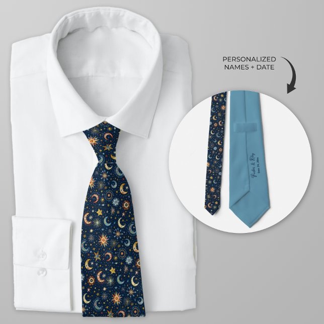 Celestial Moon and Stars Folk Art Neck Tie (Personalized Celestial Wedding Necktie for groom and  groomsmen.)