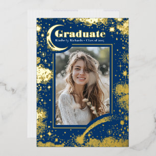 Celestial Moon and Stars Graduate Photo Graduation Foil Invitation