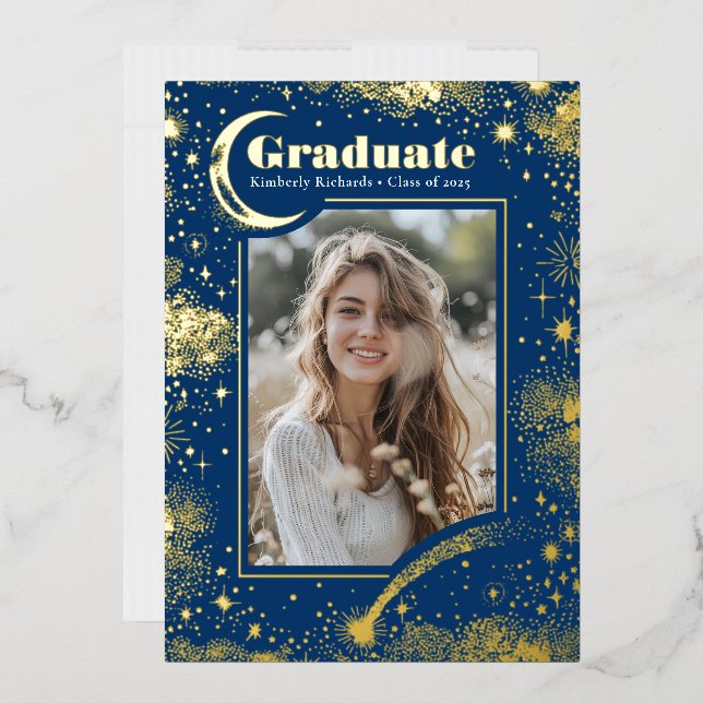 Celestial Moon and Stars Graduate Photo Graduation Foil Invitation (Envelope)