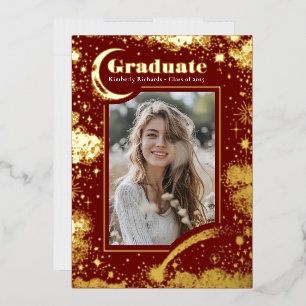 Celestial Moon and Stars Graduate Photo Graduation Foil Invitation