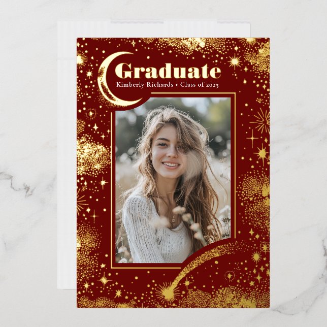 Celestial Moon and Stars Graduate Photo Graduation Foil Invitation (Envelope)
