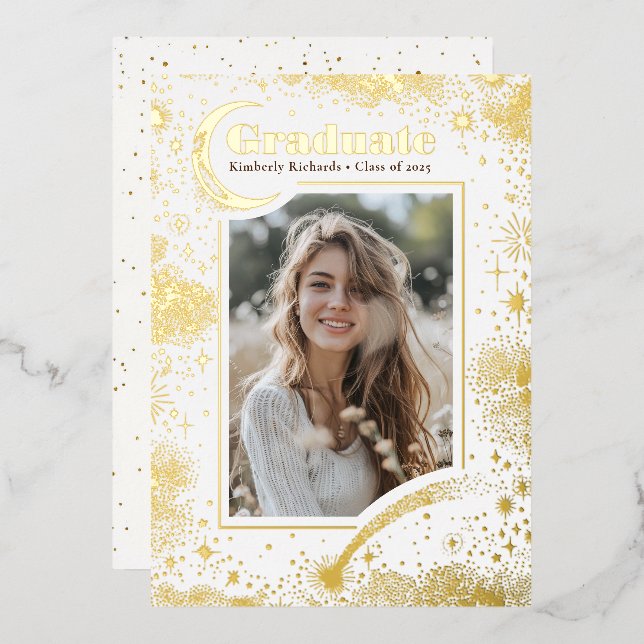 Celestial Moon and Stars Graduate Photo Graduation Foil Invitation (Front/Back)