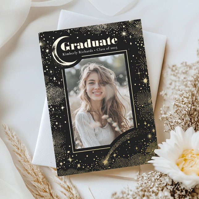 Celestial Moon and Stars Graduate Photo Graduation Foil Invitation (Graduation Celebration Photo Invitation)