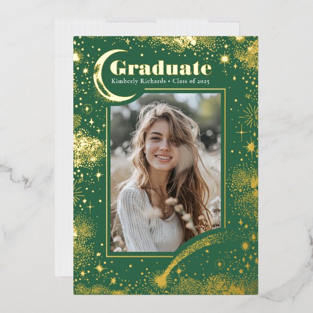 Celestial Moon and Stars Graduate Photo Graduation Foil Invitation (Envelope)
