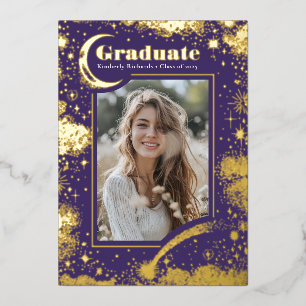 Celestial Moon and Stars Graduate Photo Graduation Foil Invitation