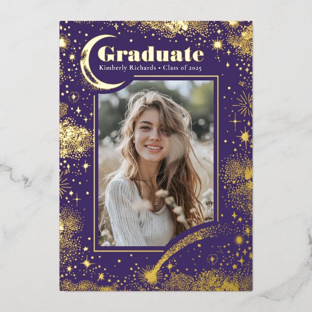 Celestial Moon and Stars Graduate Photo Graduation Foil Invitation (Front)