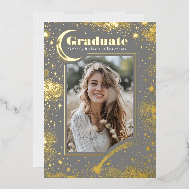 Celestial Moon and Stars Graduate Photo Graduation Foil Invitation (Envelope)