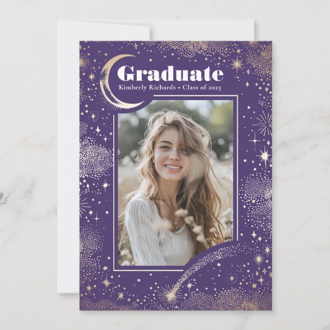 Celestial Moon and Stars Graduate Photo Graduation Invitation (Front)