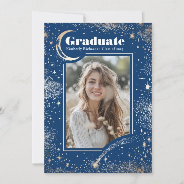 Celestial Moon and Stars Graduate Photo Graduation Invitation (Front)