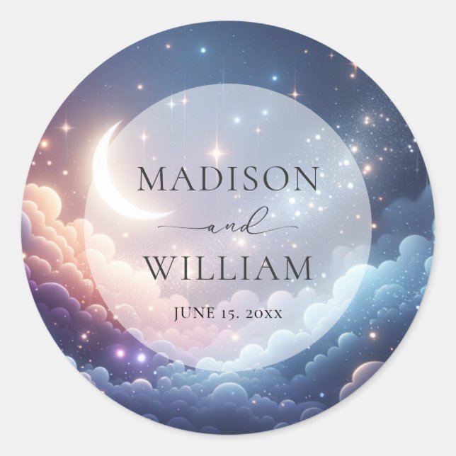 Celestial Moon and Stars Personalized Wedding Classic Round Sticker (Front)