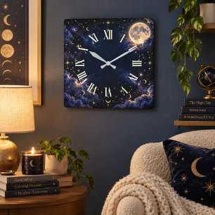 Celestial Moon and Stars Roman Numeral Square Wall Clock