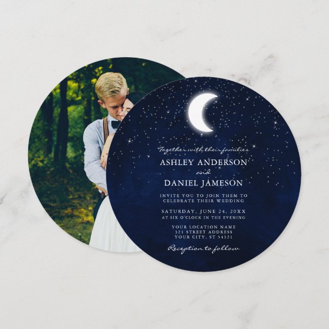 Celestial Moon and Stars Round Photo Wedding Invitation (Front/Back)
