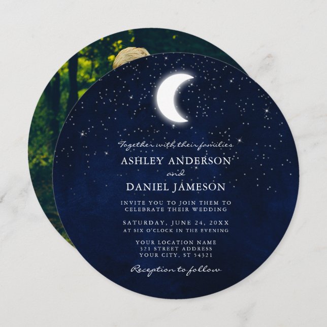 Celestial Moon and Stars Round Photo Wedding Invitation (Front/Back)