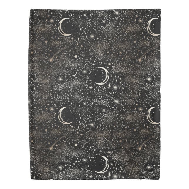 Celestial Moon and Stars Starry Night Black Duvet Cover (Front)