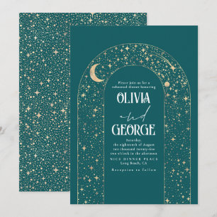 Celestial Moon and Stars Teal Rehearsal Dinner Invitation