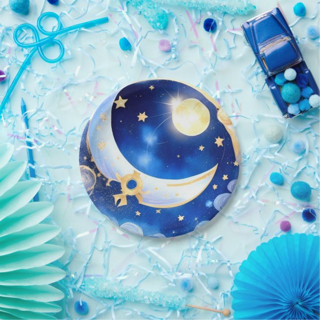 Celestial Moon and Stars Theme Boy Baby Shower Paper Plates (Party)