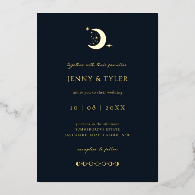 Celestial Moon and Stars Wedding Invitation Foil Invitation (Front)