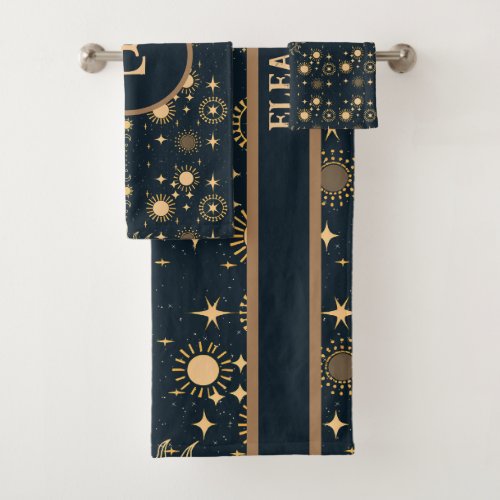 Celestial Moon and Sun Gold and Blue Personalized  Bath Towel Set