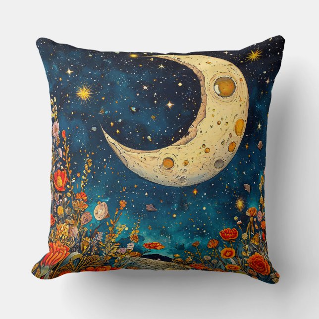 Celestial Moon and Vibrant Flowers Throw Pillow (Front)