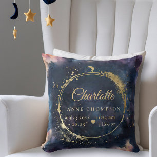 Celestial Moon Birth Stats Keepsake Navy Nursery Throw Pillow