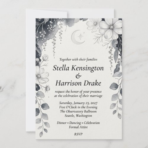 Celestial Moon, Black and White Cosmos, Eucalyptus Invitation
