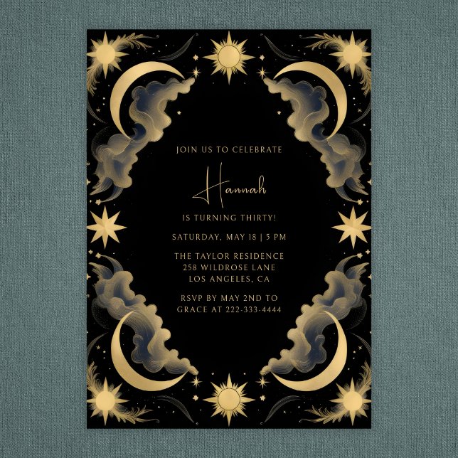 Celestial Moon Black Gold Tarot Witch Birthday Invitation (Celestial Moon & Stars Birthday – Elegant Night Sky Party for Adults Invitation)