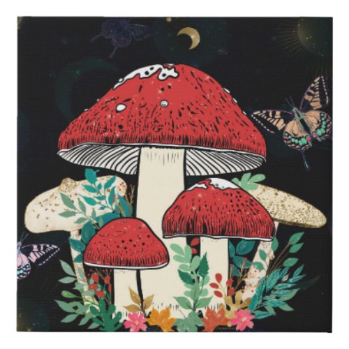 Celestial Moon Boho Magic Mushrooms Faux Canvas Print