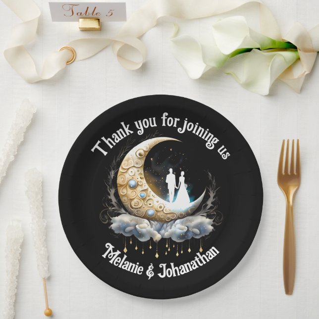 Celestial moon bridal silhouette starry night sky paper plates (Wedding)