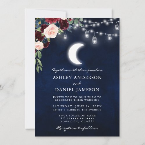 Celestial Moon Burgundy Floral Jar Lights Wedding Invitation