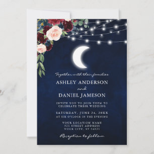 Celestial Moon Burgundy Floral Lights Wedding Invitation