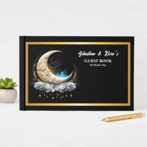 Celestial moon couple silhouette starry night guest book