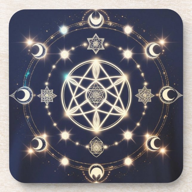 Celestial Moon Cycle Mandala – Sacred Geometry Beverage Coaster (Front)
