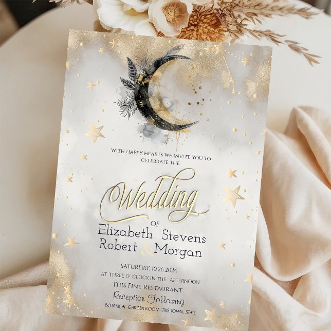 Celestial Moon Feather Gold Stars Watercolor Invitation (Creator Uploaded)